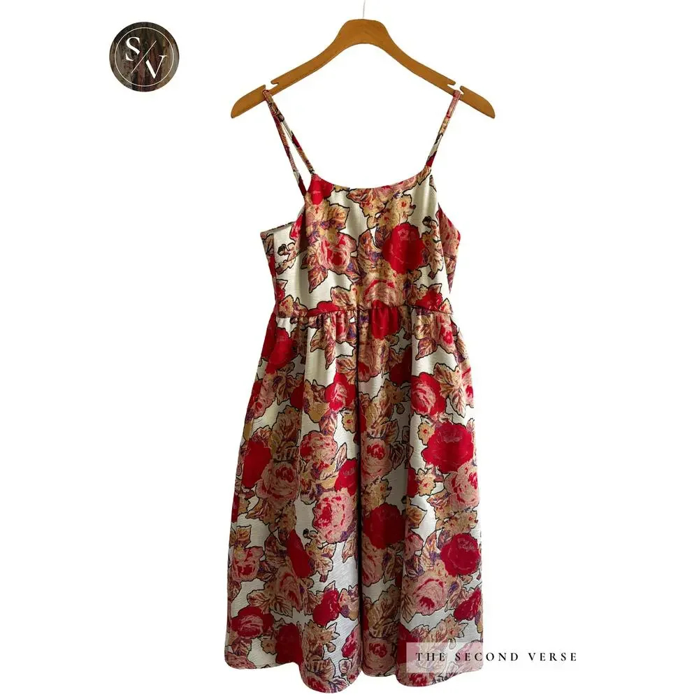 Rachel Antonoff Anthropologie Red Rose Midi Floral Dress Size 0 Petite - Picture 4 of 12